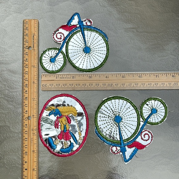 3 VTG 60-70s Sew On Shiny Embroidered Patches Old Bicycle Penny-Farthing & Witch - Picture 7 of 8